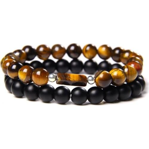 2Pcs/Set Fashion Natural Stone Tiger Eye Bracelet Set For Men Women Black Onyx Agates Beads Bangles Trendy Handmade Jewelry Gift