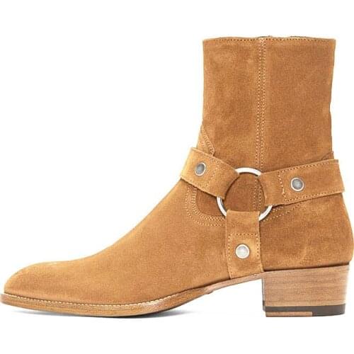 Big Size Men Western Boots Buckle Decrotion Genuine Leather Mens Mid Boots British Pointed Toe