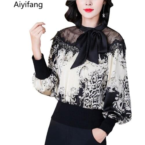 Office Lady Spring Vintage Print Elegant Blouses Women Bow Long Sleeve Patchwork Embroidery Lace Shirts Plus Size Tops Clothing