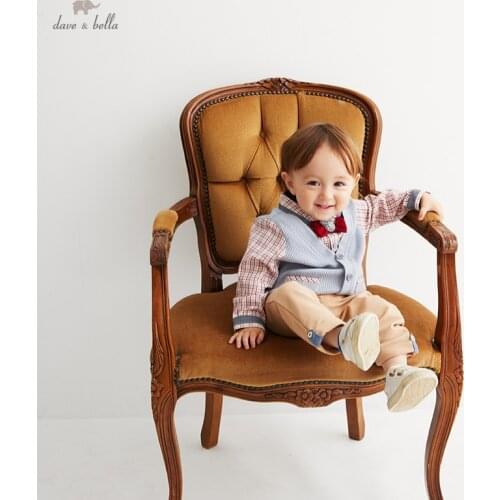DB18652 dave bella autumn baby boys casual plaid print removable bow patchwork T-shirt children tops kids boy fashion tees