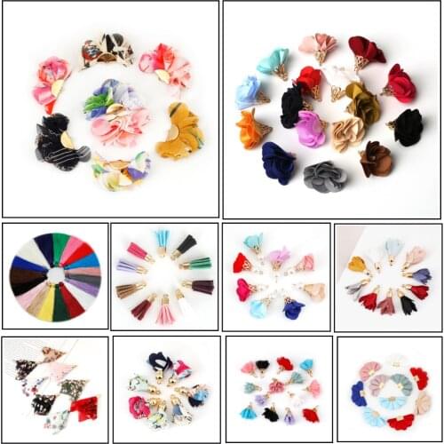 10PCS Mix Styles and Colors Chiffon Fribric Flower Charm Fringed Tassel for DIY Earring Jewelry Keychain Pendant Vintage Tassels