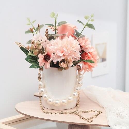 Nordic White Pearl Ceramics Vase Creative Modern Minimalist Decoration Living Room Table Decor Silk Flower Simulation Flower