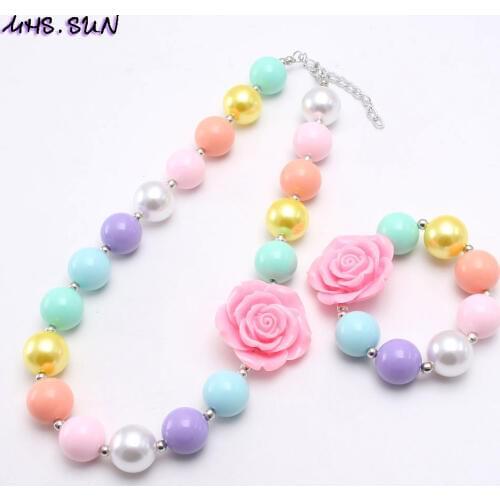 MHS.SUN Adorable Candy Color Chunky Beads Necklace Bracelet With Rose Flower Kids Girls Child Chunky Beaded Jewelry Set Colorful