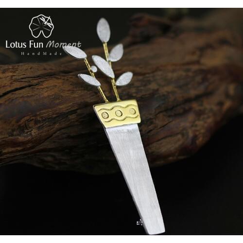 Lotus Fun Moment Real 925 Sterling Silver Handmade Fashion Jewelry Fashion Unique Potted Flower Women Brooches Broche Pin Badge