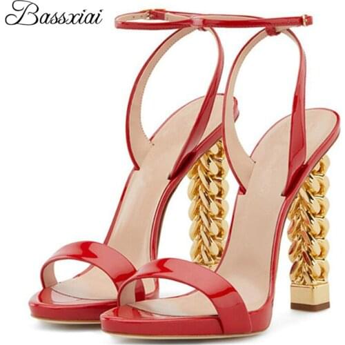Novelty Metal Twist High Heel Sandals Women Ankle Strappy Sexy Open Toe Patent Leather Party Sandalias Mujer Summer