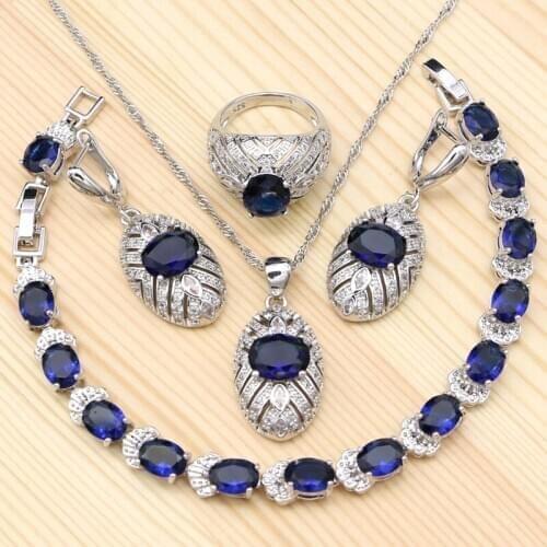 925 Sterling Silver women Jewelry Sets Round Blue Cubic Zirconia White Crystal Ring Bracelet Necklace Pendant Earrings