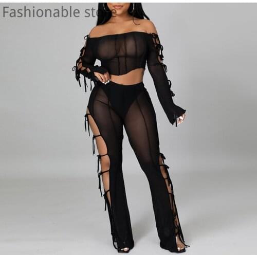 Women Sexy See Through Long Sleeve Off Shoulder Top and High Waist Side Slit Bandage Pants 2pcs Set
