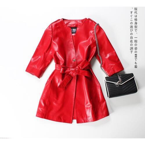 Leather Coat Women Sheepskin Large Size Mid-length Skinny Trench Coat Slim looking Nine-point Sleeve Jacket 2020 Spring New