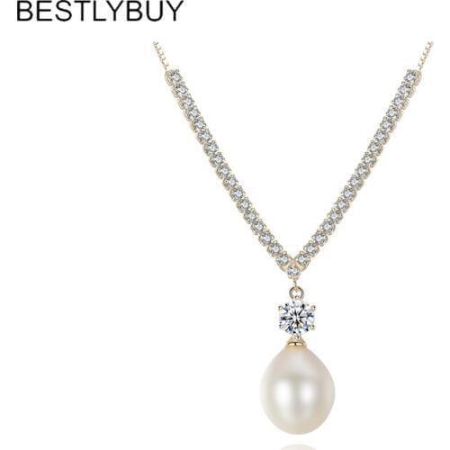 BESTLYBUY Real 925 Sterling Silver Fine Jewelry 9-9.5mm Pearls Natural Freshwater Pearl Pendant Necklace Women Jewellery
