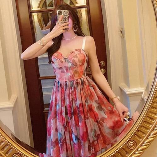 New 2021 Hot Designer Floral A Line Vintage Elegant Party Night Dress Strap Summer Sexy Goblincore Midi Dress Elbise Robes