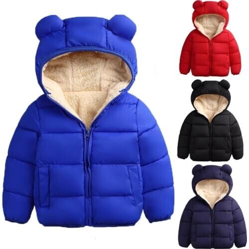 3M-3Y Baby Winter Coat Kids Plus velvet Solid 3D Bear Ear Hooded Down Jacket Overalls Snow Warm Clothes For Children Boys Girls