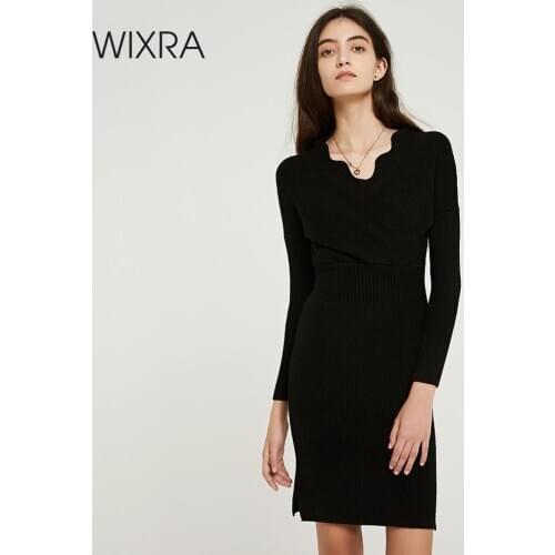 Wixra Knitted Bodycon Dress 2019 Autumn Winter Solid Empire Knee-Length Sweater Dresses Womens Clothing