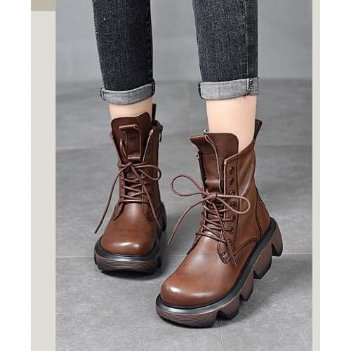 Women Genuine Leather Brown Round Head Lace-up High-top Flat Platform Non-slip Comfortable and Fashionable Casual Short Boots