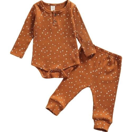 Childrens Clothing Set 2021 Autumn 2Pcs Polka Dot Print Long Sleeve O-neck Romper Elastic Waist Trousers Knitted Baby Clothes