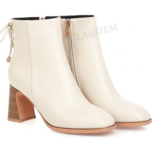 LAIGZEM Women Ankle Boots Thick High Heels Wide Ankle Friendly Handmade Dress Office Botas Mujer Shoes Woman Big Size 42 44 48