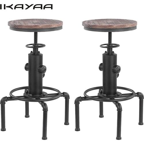 IKayaa Metal Industrial Bar Stool Height Adjustable Swivel Pinewood Top Kitchen Dining Chair Pipe Style Barstool W/ Footrest
