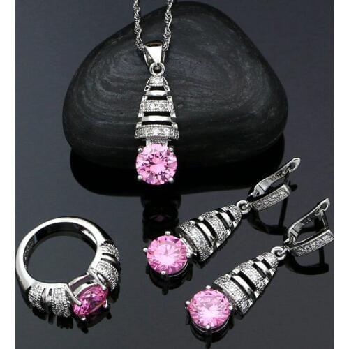 925 Silver Bridal Jewelry Set For Women Pink Cubic Zirconia White Crystal Earrings Pendant Rings Necklace Set