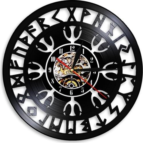 Viking Compass Wall Clock Vintage Black Hanging Vinyl Record Wall Clocks Mysterious Norse Magick Wall Art Decor For Living Room