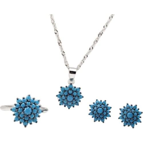 New Arrived Turkey Style Blue Turquoise Stone Flower Shape Sterling Silver 925 Necklace Ring Earring Jewelry Set
