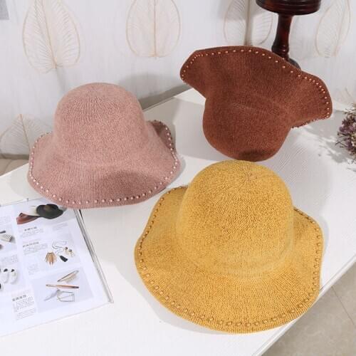 Autumn Pearl Chenille Knitted Bucket Hats Women Solid Large Brimmed Sun Protection Hat Female Outdoors All Match Foldable Caps