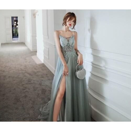 V-neck Skirt with Split Suspenders Halter Bridesmaid Evening Dress Can Usually Wear Fairy Sexy Elegant Banquets Prom Dress A131
