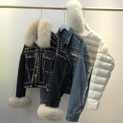 Down Jacket Women Winter 90% White Duck Down Coat Detachable Feather Liner Natural Fox Fur Collar Female Parkas Rivet Denim Coat