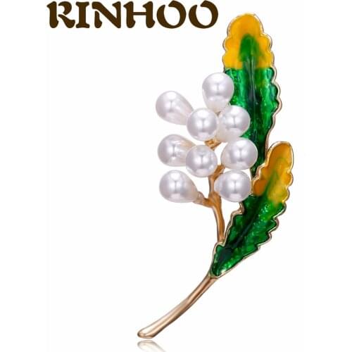 RINHOO Minimalist Pearl Enamel Leaves Brooches For Women Green Plant Brooch Daily Casual Office Jewelry Lapel Pins Girls Gifts