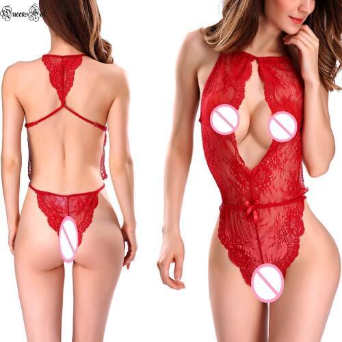 Sexy Halter Open Bra Cross Bandage Lace One Piece Teddy Babydoll Bodysuit Erotic Lingerie Latex Catsuit Swimsuit Erotic Renda