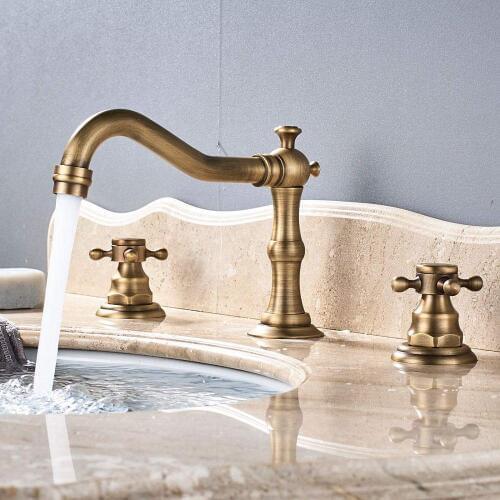 Deck Mounted Three Holes Double Handles Widespread Bathroom Sink Faucet with Matching Pop Up Drain with Overflow,Antique Brass
