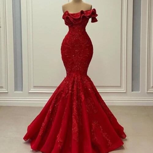 SuperKimJo Robe De Soirée De Mariage Sparkly Red Evening Dresses 2020 Mermaid Modest Elegant Lace Applique Formal Evening Gown