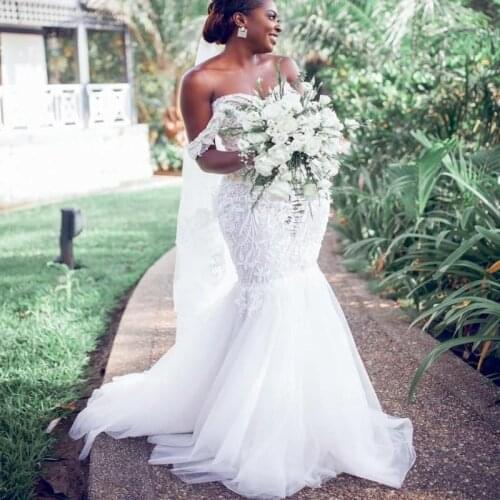 Mermaid Wedding Dresses Plus Size Off The Shoulder Lace Appliques Bridal Gowns For Black Girls Tulle vestidos de novia