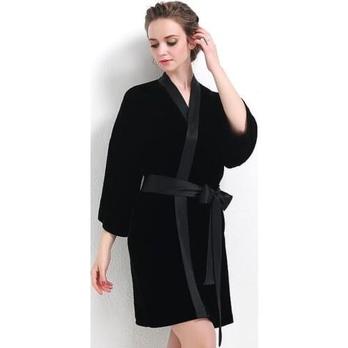 Spring Autumn Luxury Velvet Flat Flannelette V-neck Collar Color Block Womens Paragraph Kimono Sleepwear Nightgown Robe