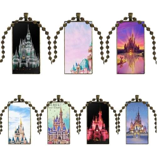 For Unisex Vintage Jewelry Bronze Color Glass Cabochon Choker Pendant Long Rectangle Necklace Dreamlike Cinderella Castle