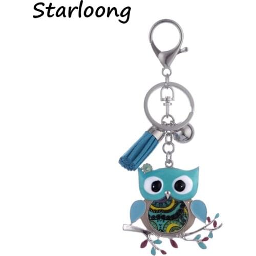 High Quality Drip Alloy Keychain Chaveiro Drop oil Glaze little blue owl on the tree KeyChain women stainless Key Ring