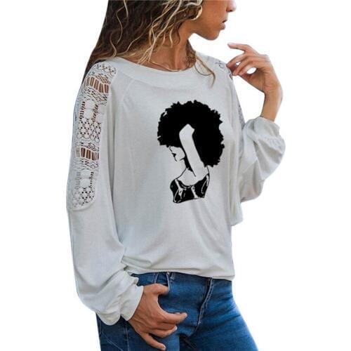 Beautiful Afro Girl Women T-shirts Long Sleeve tee shirt femme Female T shirt Tribal African women Loose Lace Tee