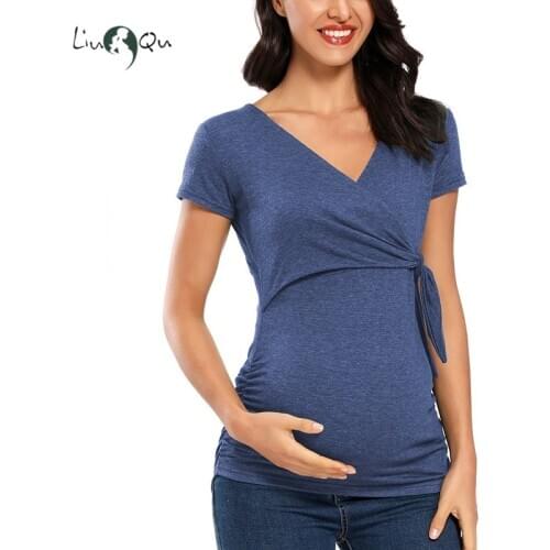 Women Breastfeeding Tees Maternity Summer Short Sleeve Tops Pregnancy Wrap Nursing Top Ladies Elegant T-shirts for Pregnant