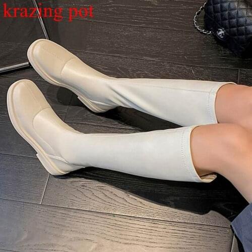 Krazing Pot microfiber med heels winter riding boots stovepipe zipper concise style round toe women elegant knee-high boots l34