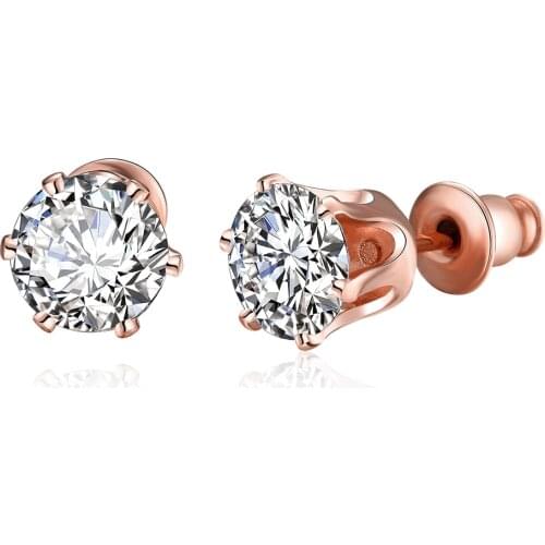 ZEMIOR Rose Gold Color Fashion Stud Earrings For Women Romantic Round Shiny 5A Clear Cubic Zirconia Earring Engagement Jewelry