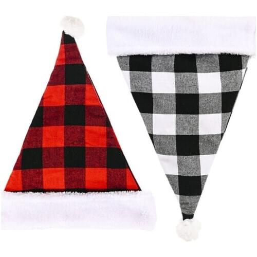 12 Pcs Santa Claus Christmas Hats Red Black Plaid Xmas Cap Short Plush with White Cuffs Fabric Noel Hat Decoration Wholesale X2