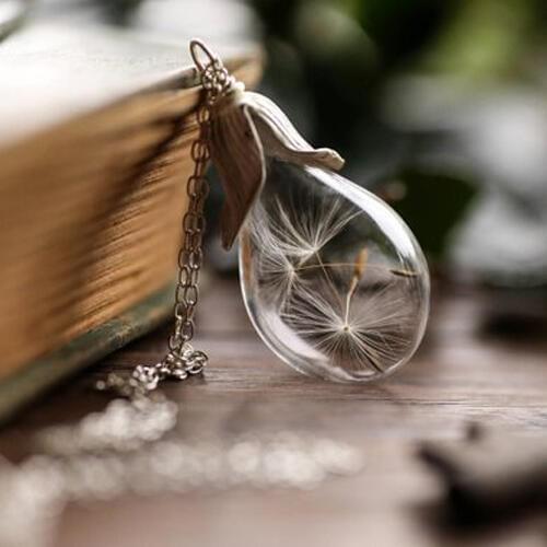 2PCS Make A Wish Glass Tear Drop Dandelion Real Seed Globe Necklace Natural dandelion seed Necklace For women