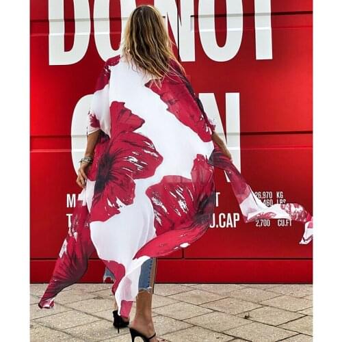 2021 Chiffon Beach Cover up Pareos Plus size XXL Loose Kimono Beach Kaftan Beachwear Red Print Tunic for Beach Swimsuit Cover up