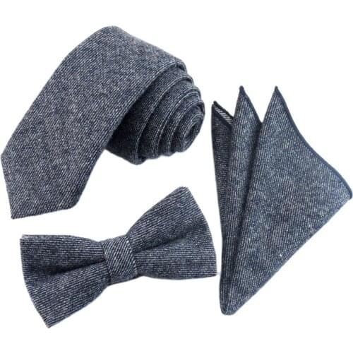 6cm Navy Blue Necktie Bowtie Pocket Square 100% Wool Tie Set Handkerchief Ties For Men Wedding Dress Accessories Gravata Slim