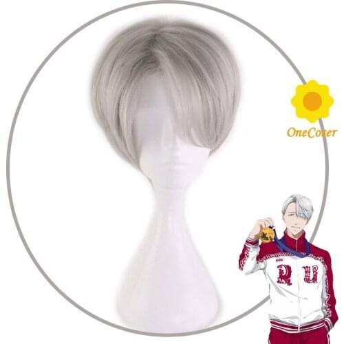 Anime YURI!!! on ICE Victor Nikiforov Cosplay Short Silver Grey Wig Synthetic Hair + Free Wig Cap Halloween Party Role Play Prop