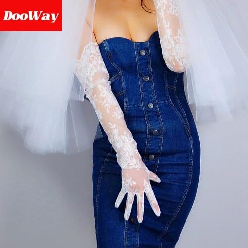 DooWay White Lace Long Gloves 25-Inch Transparent Mesh Wedding Dress Prom Gown Matching