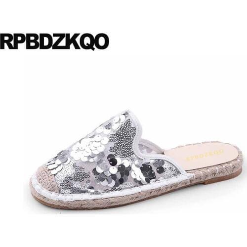 Sequin chinese wedding shoes slippers breathable silver party round toe glitter mesh fisherman flats mules women espadrilles