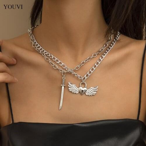 YOUVI 2PCS Silver Color Goth Cuban Link Chains Men Choker Necklace for Women Punk Lovers Heart Angel Wings Pedant Necklace