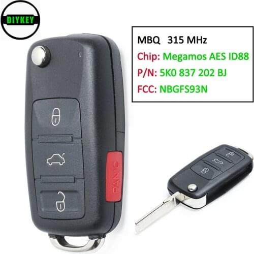 DIYKEY NBGFS93N MQB 315MHz Megamos AES ID88 Flip Remote Car Key Fob for VW VolksWagen Jetta Passat 2017 2018 P/N: 5K0 837 202 BJ