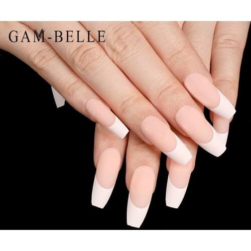 GAM-BELLE 24Pcs Matte Nude Pink False Nails French White Tips Long Ballerina Full Artificial Press On Nails DIY Manicure Tool
