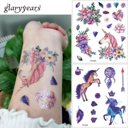 Glaryyears 24 Designs 1 Sheet Glitter Body Tattoo FG Waterproof Sticker Cartoon Horse Cat Decal Temporary Children Tattoo Gift