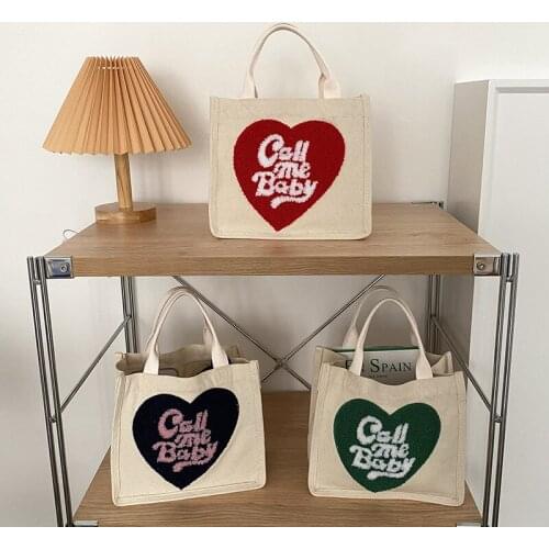 Hylhexyr Eco Cotton Daily Handbag Lovely Fresh Plush Love Portable Canvas Bag Letter Small Square Bags Fashion Casual Totes